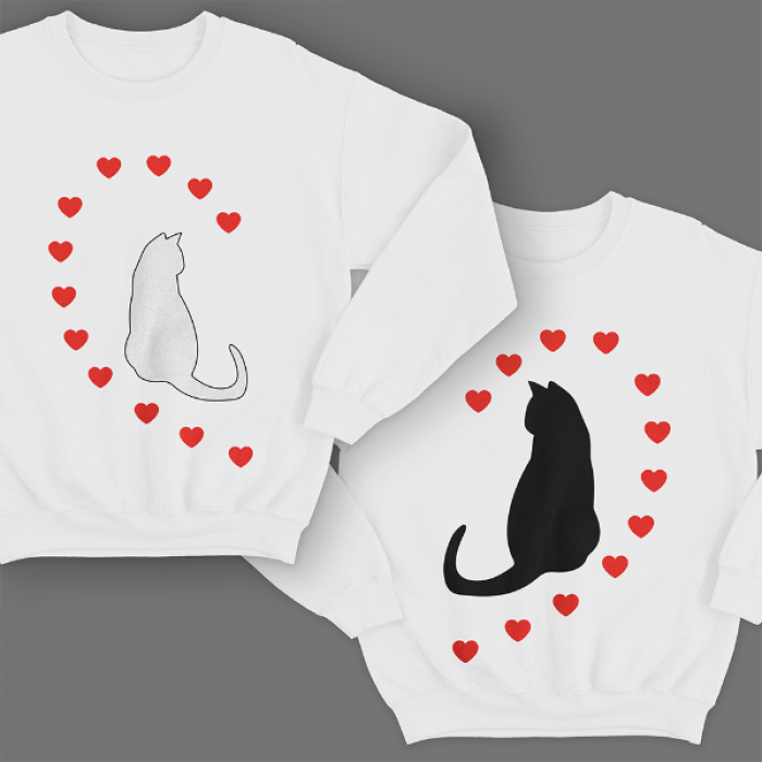 Парные свитшоты для молодоженов "Кошечки и сердечки"